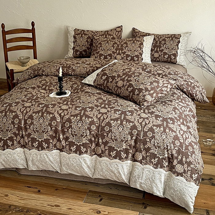 91家纺网 家纺一手货源 找家纺 富米莱（原臻工厂） 2025秋冬新品A类高克重亚麻复古全棉花边侘寂风原麻系列 墨染青筠-咖