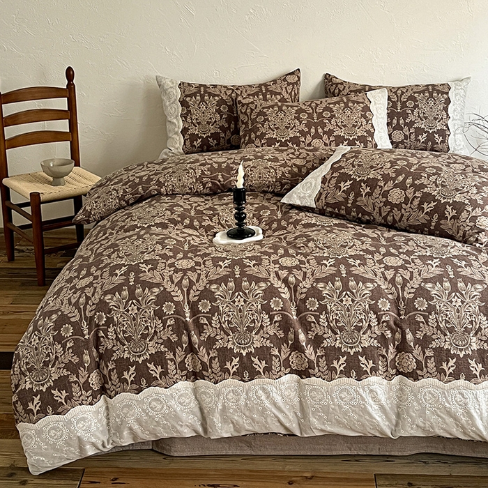 91家纺网 家纺一手货源 找家纺 富米莱（原臻工厂） 2025秋冬新品A类高克重亚麻复古全棉花边侘寂风原麻系列 墨染青筠-咖