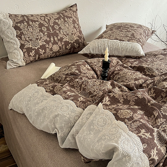 91家纺网 家纺一手货源 找家纺 富米莱（原臻工厂） 2025秋冬新品A类高克重亚麻复古全棉花边侘寂风原麻系列 墨染青筠-咖