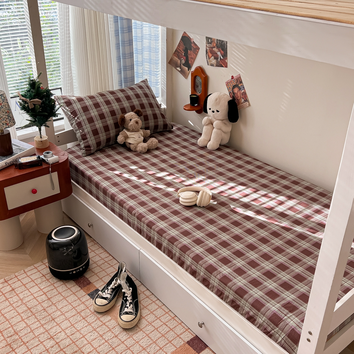 91家纺网 家纺一手货源 找家纺 （总）韩巢家纺 2025新款上下铺双层纱学生宿舍寝室格子复古风床笠单件高低床防滑床单床套