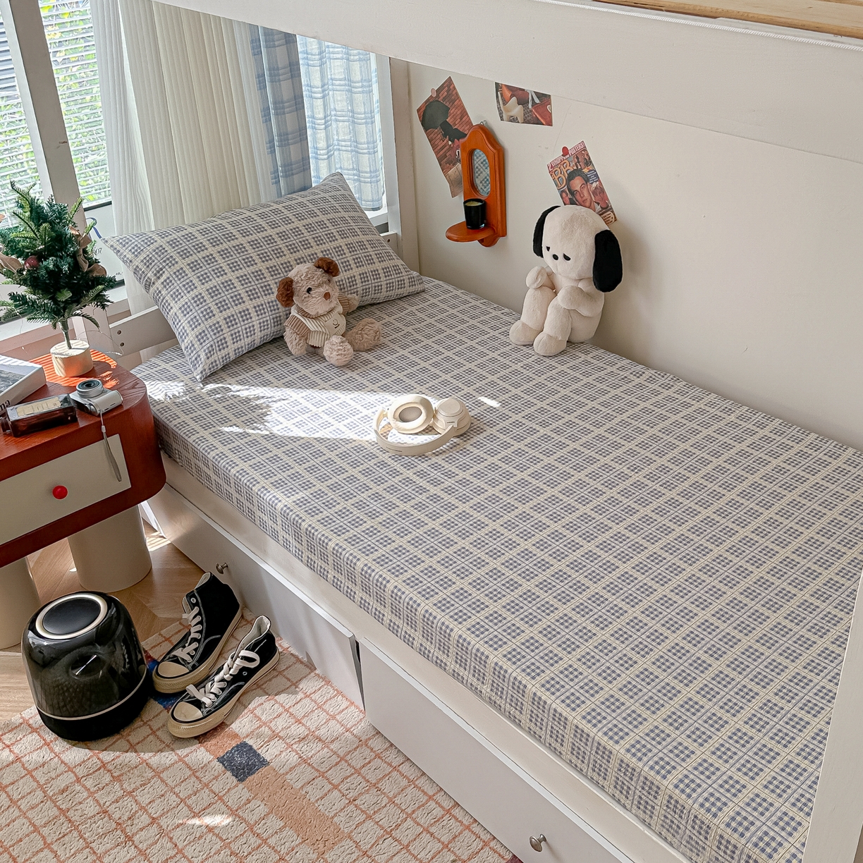 91家纺网 家纺一手货源 找家纺 （总）韩巢家纺 2025新款上下铺双层纱学生宿舍寝室格子复古风床笠单件高低床防滑床单床套