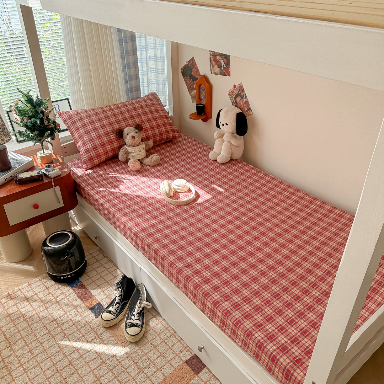 91家纺网 家纺一手货源 找家纺 （总）韩巢家纺 2025新款上下铺双层纱学生宿舍寝室格子复古风床笠单件高低床防滑床单床套