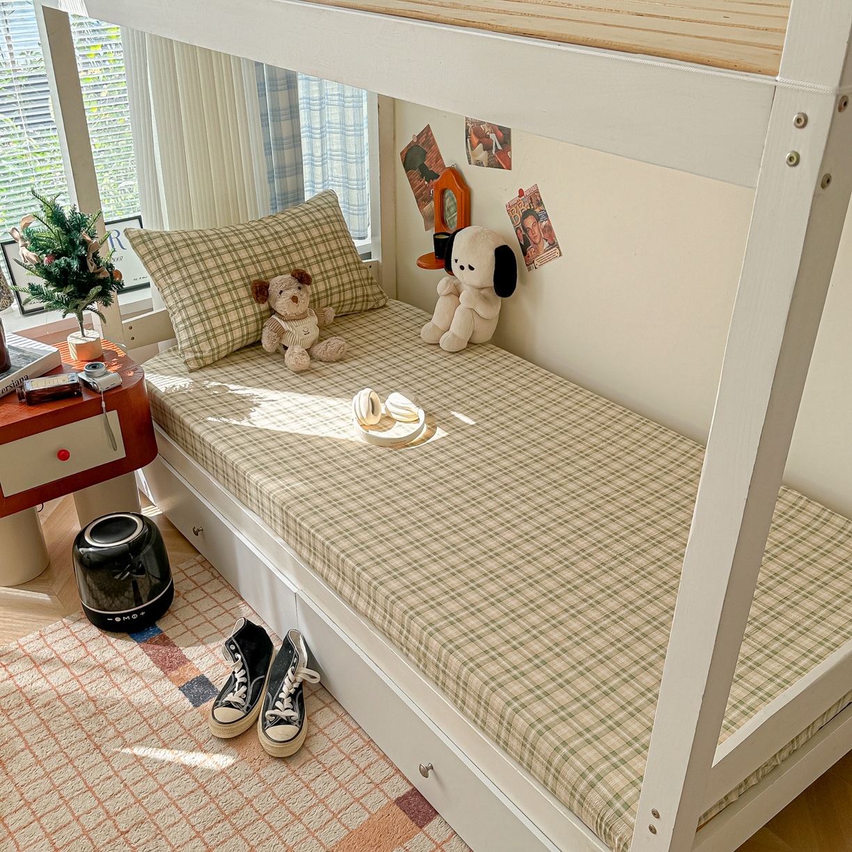 91家纺网 家纺一手货源 找家纺 （总）韩巢家纺 2025新款上下铺双层纱学生宿舍寝室格子复古风床笠单件高低床防滑床单床套