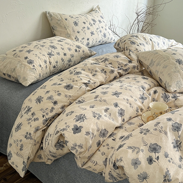 91家纺网 家纺一手货源 找家纺 富米莱（原臻工厂） 2025秋冬新品A类高克重亚麻复古全棉花边侘寂风原麻系列 秋屿-蓝