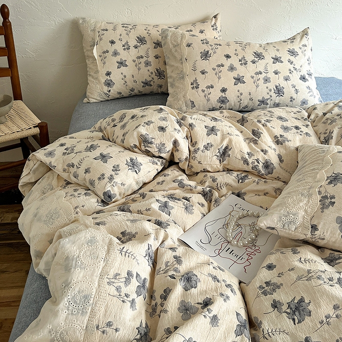 91家纺网 家纺一手货源 找家纺 富米莱（原臻工厂） 2025秋冬新品A类高克重亚麻复古全棉花边侘寂风原麻系列 秋屿-蓝