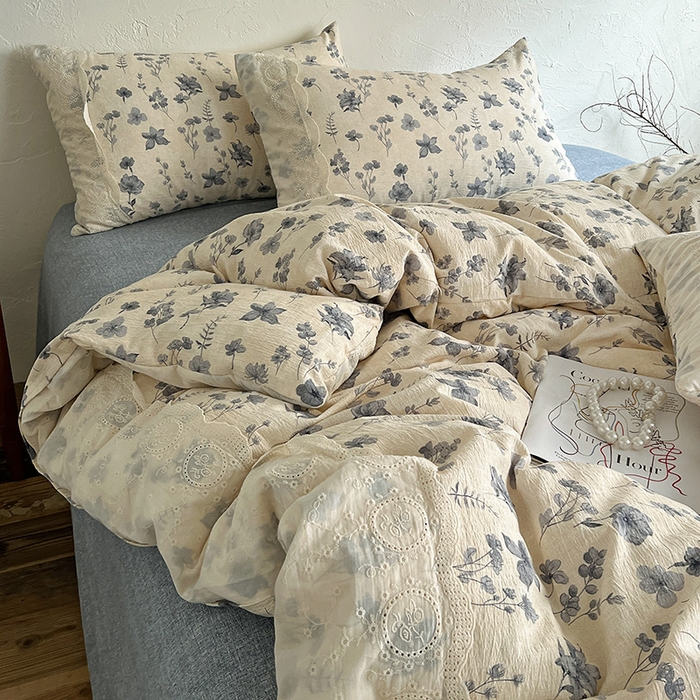 91家纺网 家纺一手货源 找家纺 富米莱（原臻工厂） 2025秋冬新品A类高克重亚麻复古全棉花边侘寂风原麻系列 秋屿-蓝