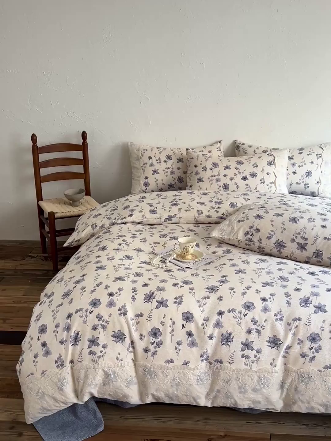 91家纺网 家纺一手货源 找家纺 富米莱（原臻工厂） 2025秋冬新品A类高克重亚麻复古全棉花边侘寂风原麻系列 秋屿-蓝