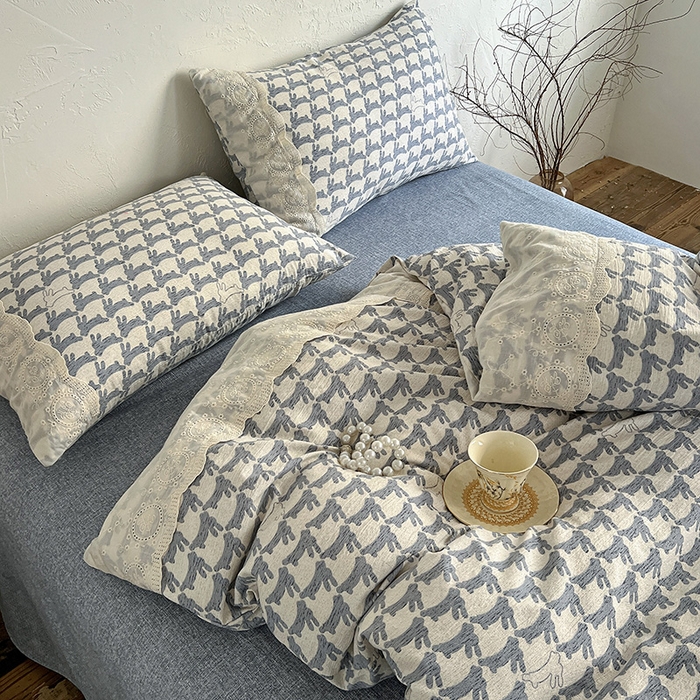 91家纺网 家纺一手货源 找家纺 富米莱（原臻工厂） 2025秋冬新品A类高克重亚麻复古全棉花边侘寂风原麻系列 兔宝宝-蓝