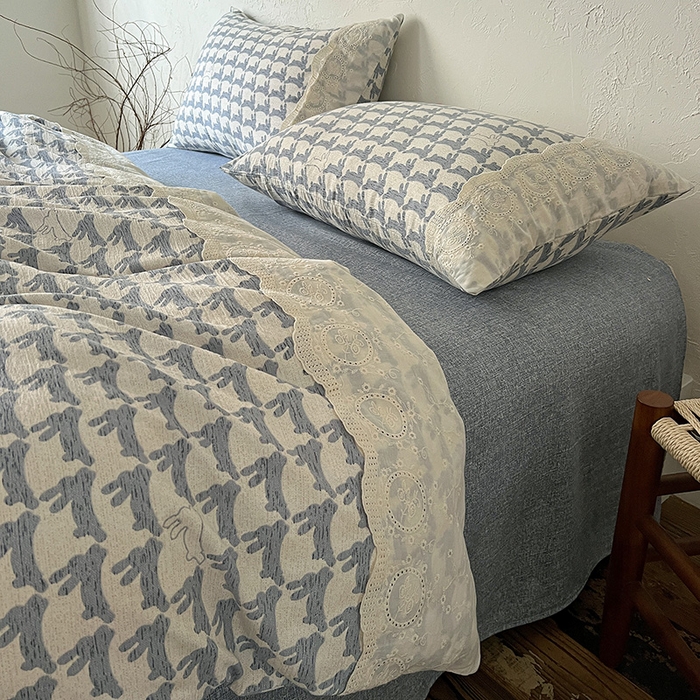 91家纺网 家纺一手货源 找家纺 富米莱（原臻工厂） 2025秋冬新品A类高克重亚麻复古全棉花边侘寂风原麻系列 兔宝宝-蓝