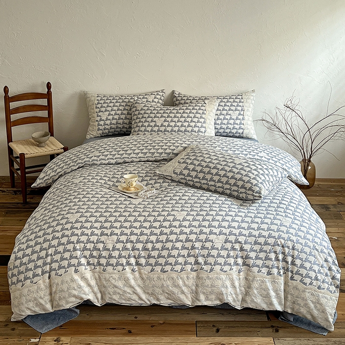 91家纺网 家纺一手货源 找家纺 富米莱（原臻工厂） 2025秋冬新品A类高克重亚麻复古全棉花边侘寂风原麻系列 兔宝宝-蓝