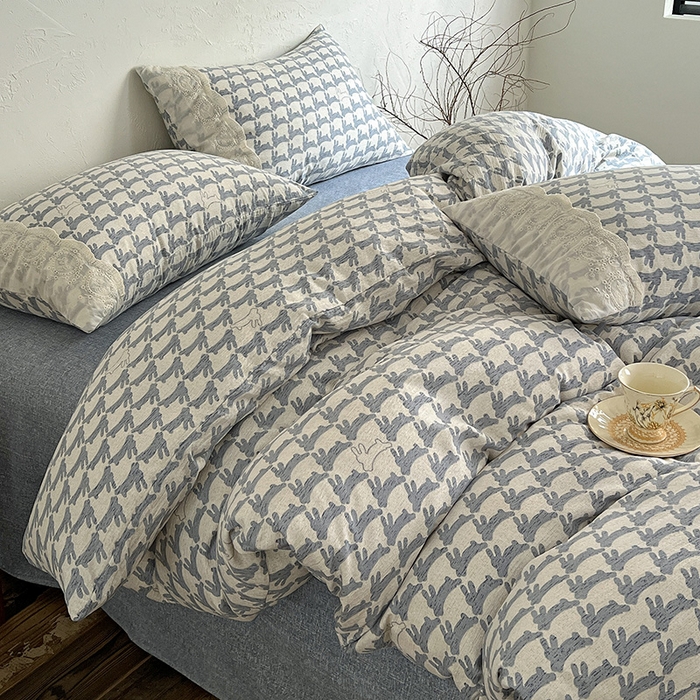 91家纺网 家纺一手货源 找家纺 富米莱（原臻工厂） 2025秋冬新品A类高克重亚麻复古全棉花边侘寂风原麻系列 兔宝宝-蓝