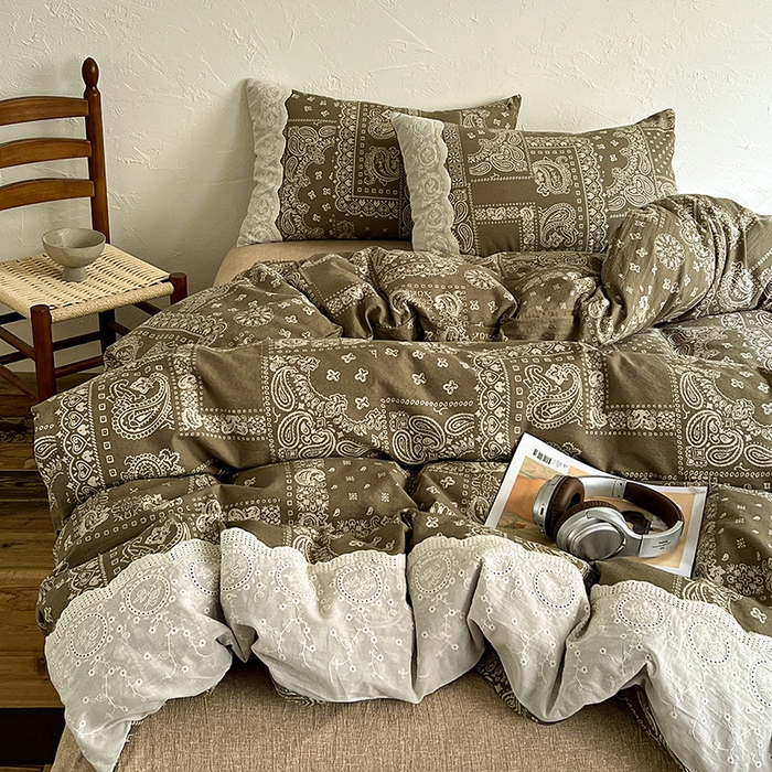 富米莱（原臻工厂） 2025秋冬新品A类高克重亚麻复古全棉花边侘寂风原麻系列 乌木花园-绿