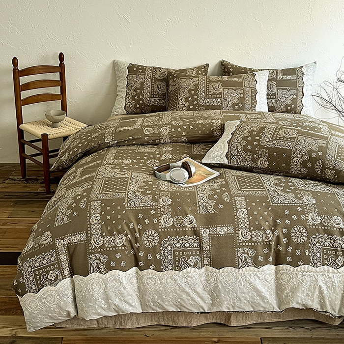 91家纺网 家纺一手货源 找家纺 富米莱（原臻工厂） 2025秋冬新品A类高克重亚麻复古全棉花边侘寂风原麻系列 乌木花园-绿