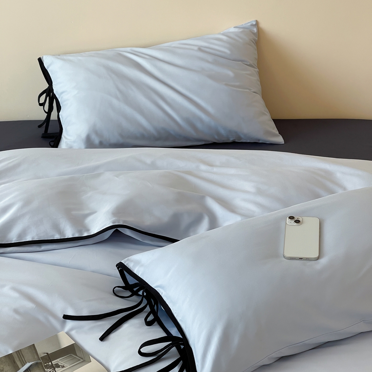 91家纺网 家纺一手货源 找家纺 尺素 2025新款纯色纯棉简约韩式ins风四件套民宿风全棉被套棉床单双人被套加大床单1.8纯色床笠 夏至-藏青