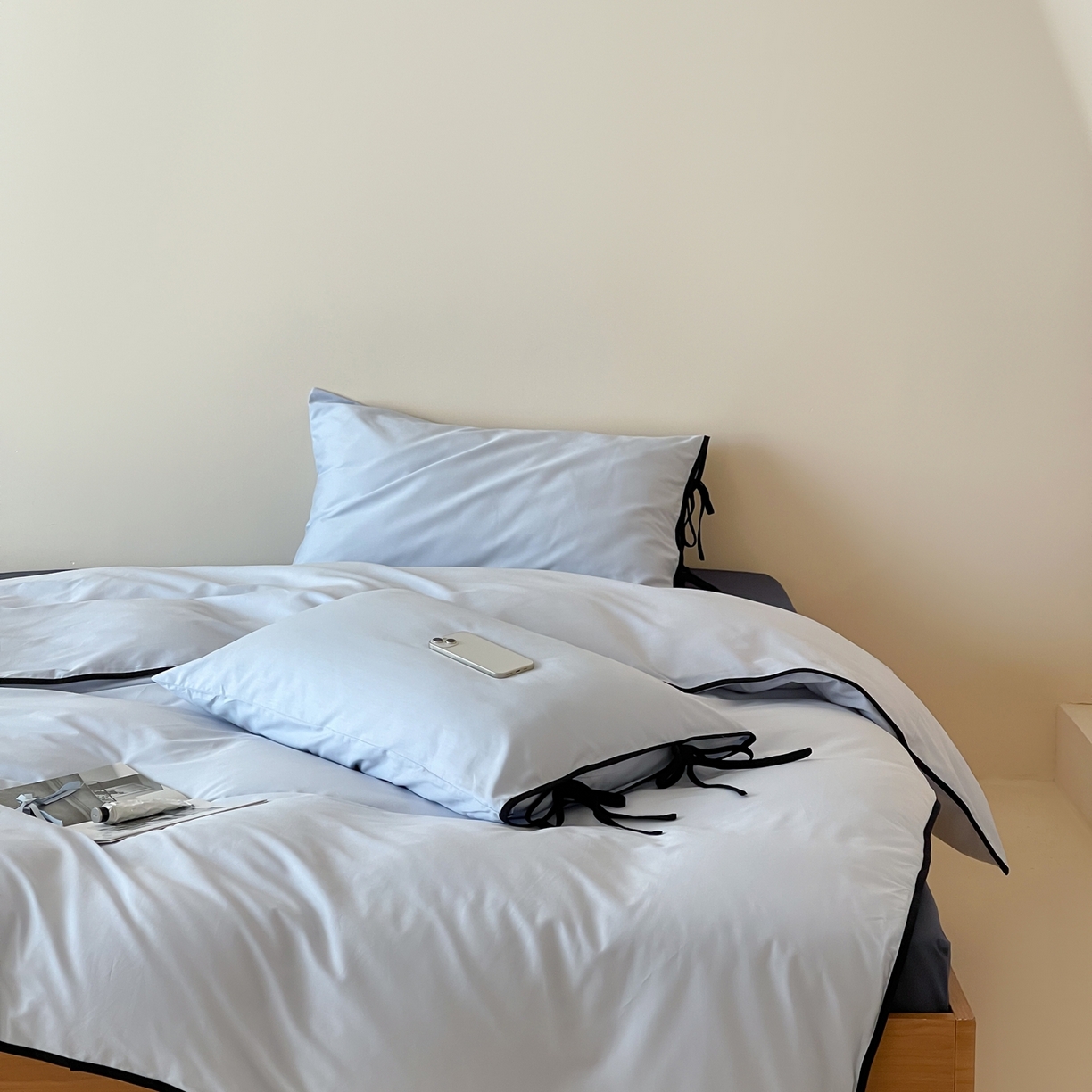 91家纺网 家纺一手货源 找家纺 尺素 2025新款纯色纯棉简约韩式ins风四件套民宿风全棉被套棉床单双人被套加大床单1.8纯色床笠 夏至-藏青