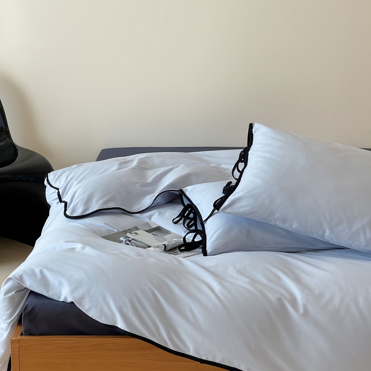 91家纺网 家纺一手货源 找家纺 尺素 2025新款纯色纯棉简约韩式ins风四件套民宿风全棉被套棉床单双人被套加大床单1.8纯色床笠 夏至-藏青