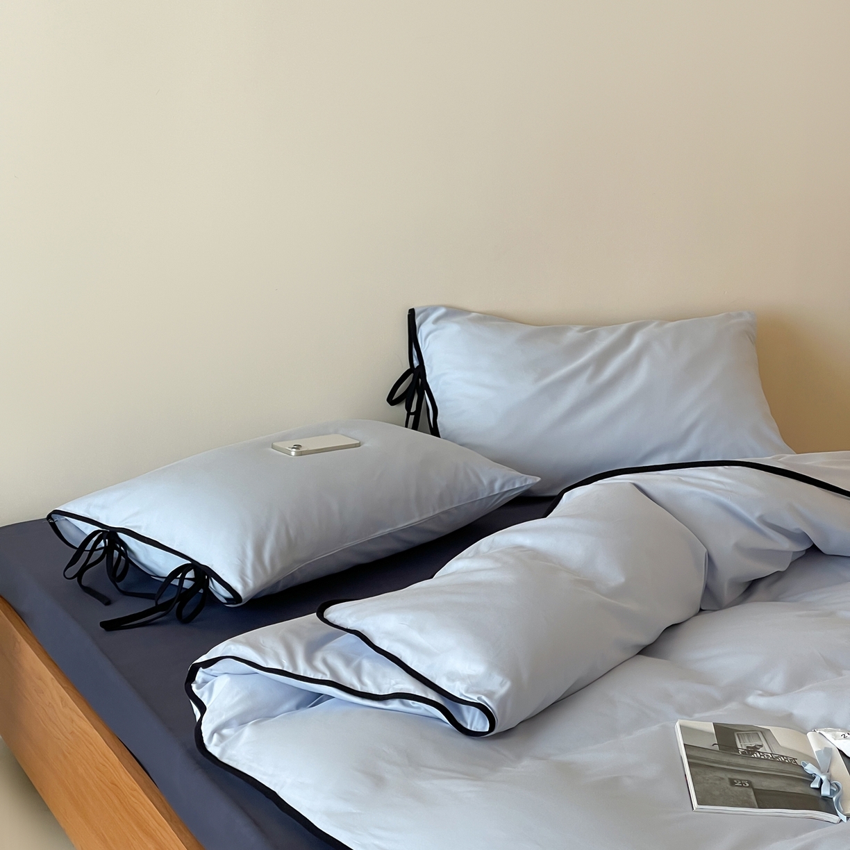 91家纺网 家纺一手货源 找家纺 尺素 2025新款纯色纯棉简约韩式ins风四件套民宿风全棉被套棉床单双人被套加大床单1.8纯色床笠 夏至-藏青