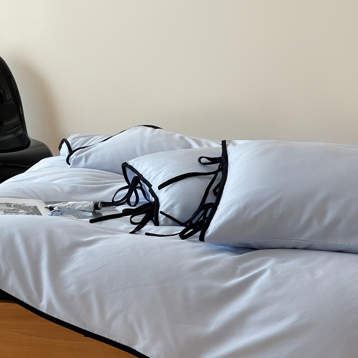 91家纺网 家纺一手货源 找家纺 尺素 2025新款纯色纯棉简约韩式ins风四件套民宿风全棉被套棉床单双人被套加大床单1.8纯色床笠 夏至-藏青