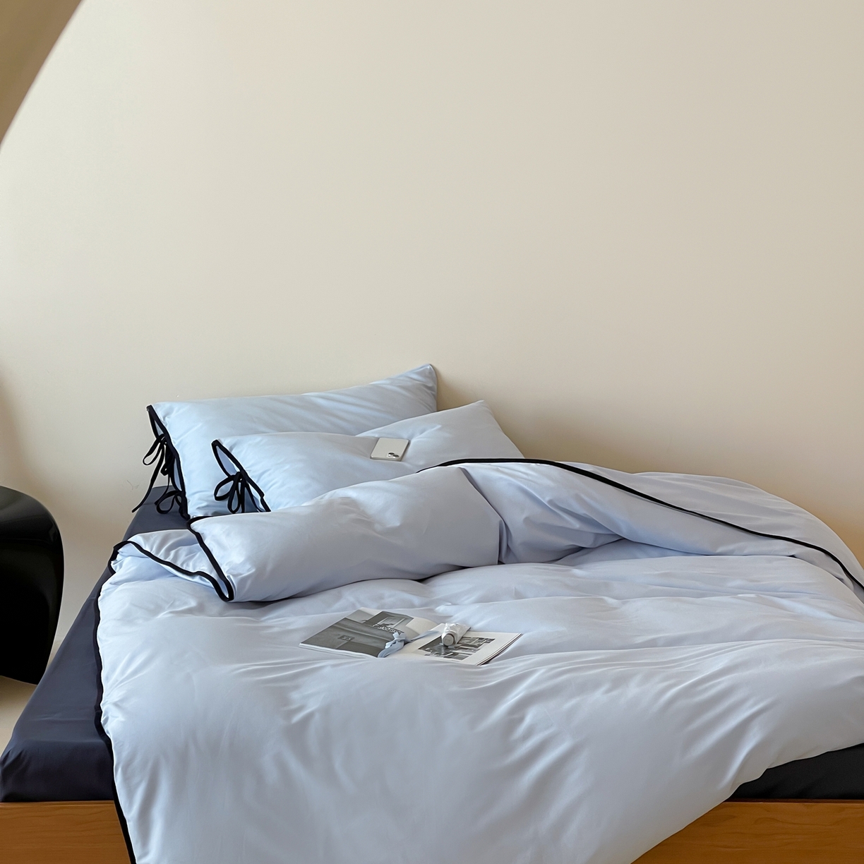 91家纺网 家纺一手货源 找家纺 尺素 2025新款纯色纯棉简约韩式ins风四件套民宿风全棉被套棉床单双人被套加大床单1.8纯色床笠 夏至-藏青