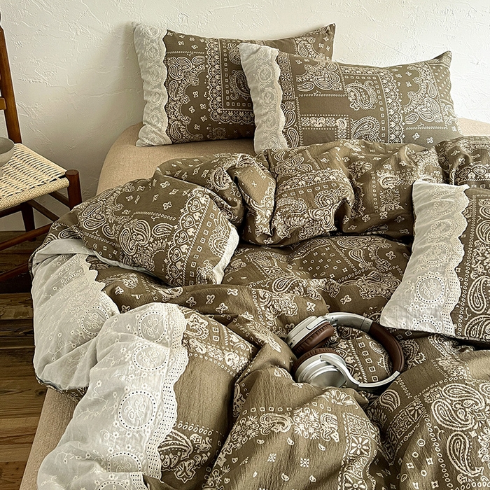 91家纺网 家纺一手货源 找家纺 富米莱（原臻工厂） 2025秋冬新品A类高克重亚麻复古全棉花边侘寂风原麻系列 乌木花园-绿