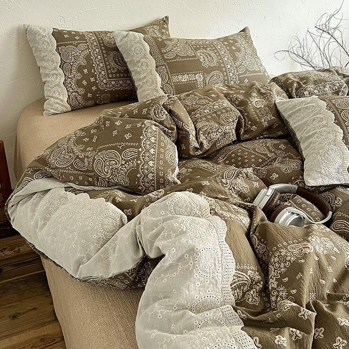 91家纺网 家纺一手货源 找家纺 富米莱（原臻工厂） 2025秋冬新品A类高克重亚麻复古全棉花边侘寂风原麻系列 乌木花园-绿