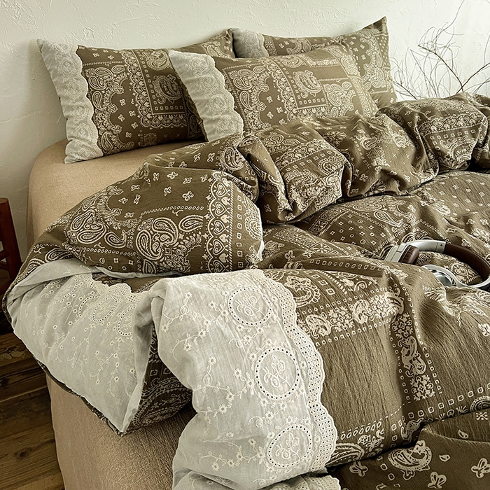 91家纺网 家纺一手货源 找家纺 富米莱（原臻工厂） 2025秋冬新品A类高克重亚麻复古全棉花边侘寂风原麻系列 乌木花园-绿