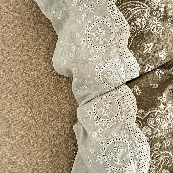 91家纺网 家纺一手货源 找家纺 富米莱（原臻工厂） 2025秋冬新品A类高克重亚麻复古全棉花边侘寂风原麻系列 乌木花园-绿