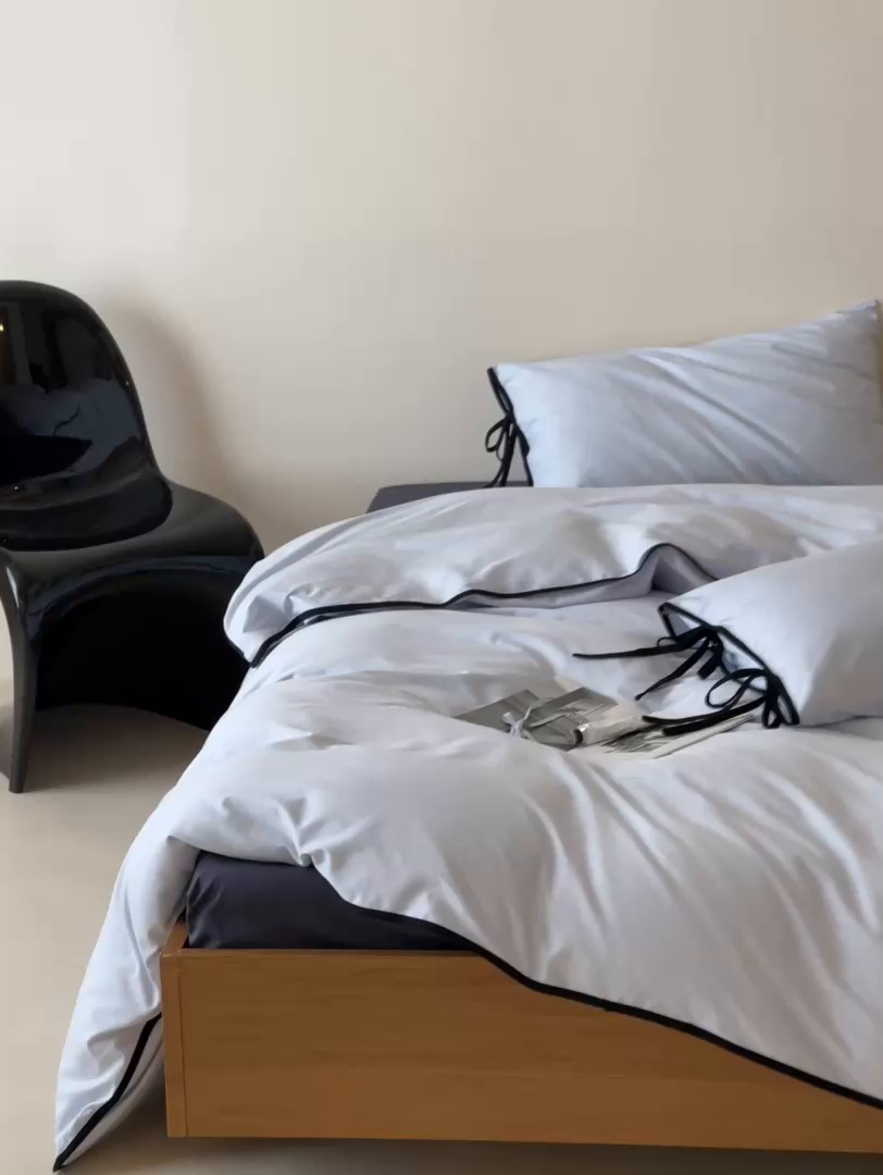 91家纺网 家纺一手货源 找家纺 尺素 2025新款纯色纯棉简约韩式ins风四件套民宿风全棉被套棉床单双人被套加大床单1.8纯色床笠 夏至-藏青