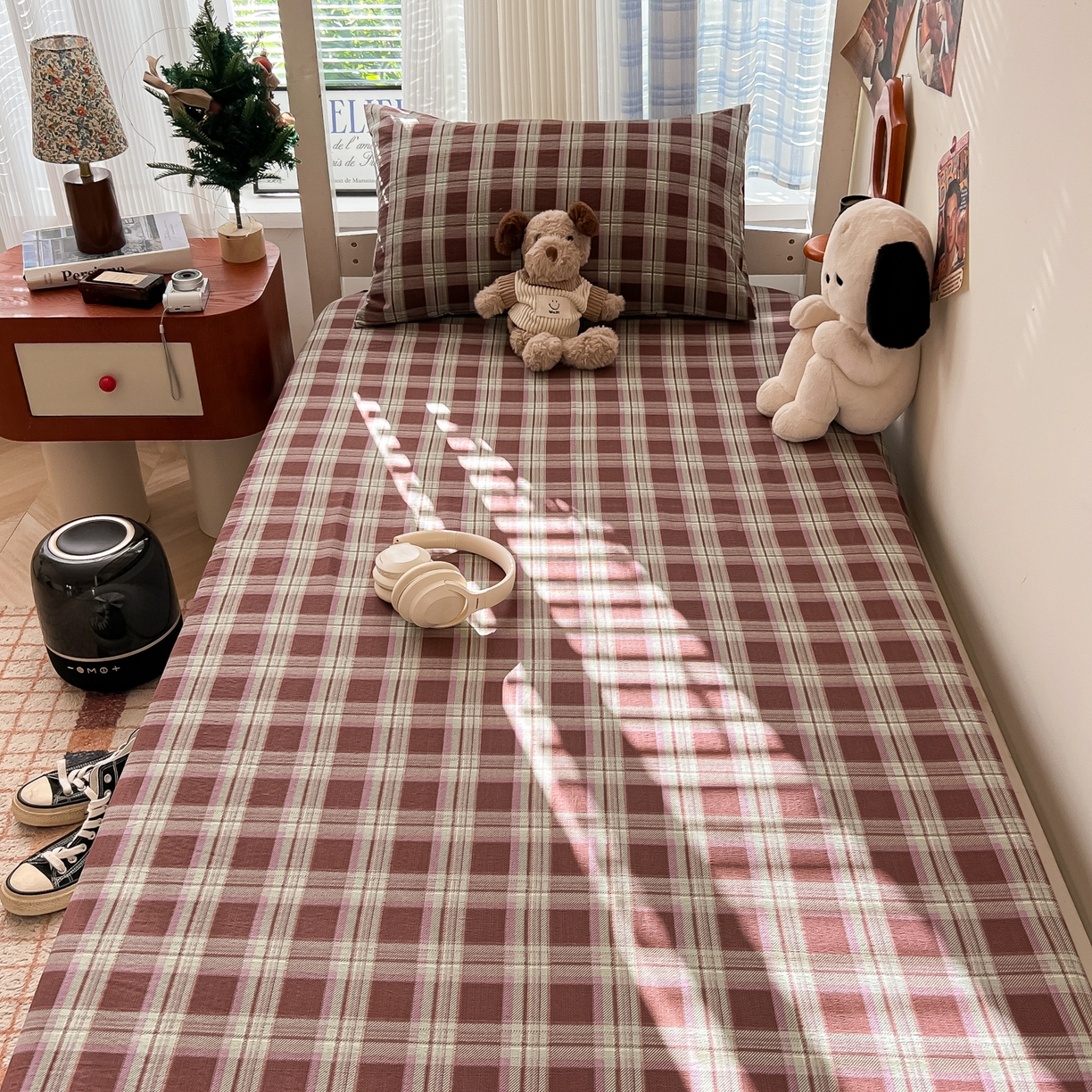 91家纺网 家纺一手货源 找家纺 （总）韩巢家纺 2025新款上下铺双层纱学生宿舍寝室格子复古风床笠单件高低床防滑床单床套