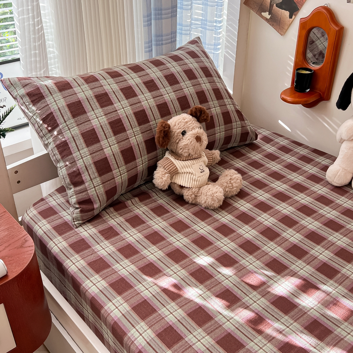 91家纺网 家纺一手货源 找家纺 （总）韩巢家纺 2025新款上下铺双层纱学生宿舍寝室格子复古风床笠单件高低床防滑床单床套