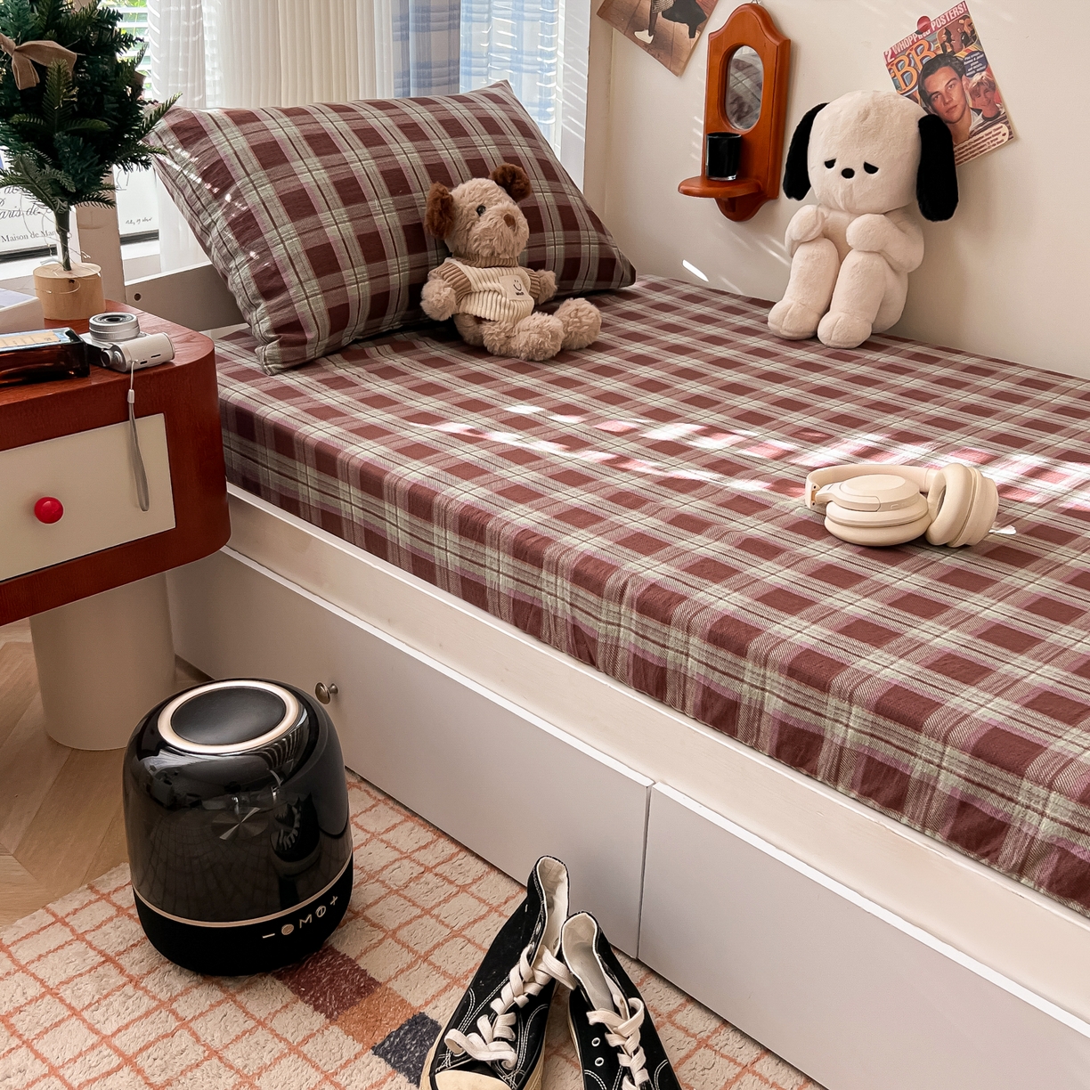 91家纺网 家纺一手货源 找家纺 （总）韩巢家纺 2025新款上下铺双层纱学生宿舍寝室格子复古风床笠单件高低床防滑床单床套