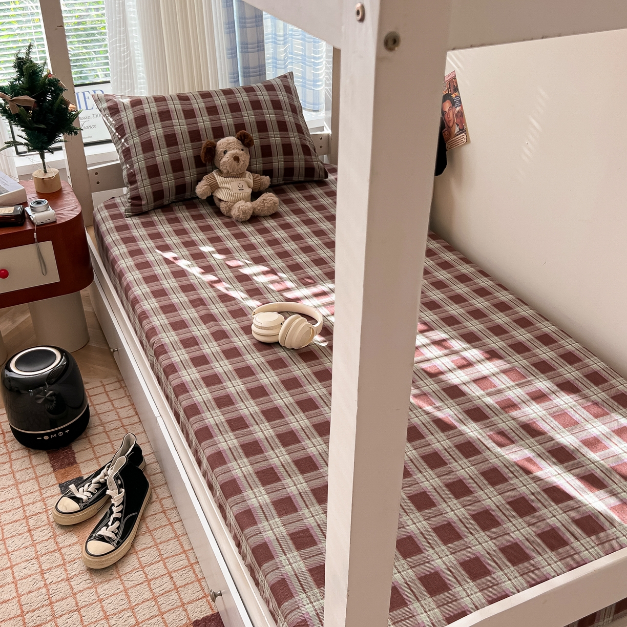 91家纺网 家纺一手货源 找家纺 （总）韩巢家纺 2025新款上下铺双层纱学生宿舍寝室格子复古风床笠单件高低床防滑床单床套