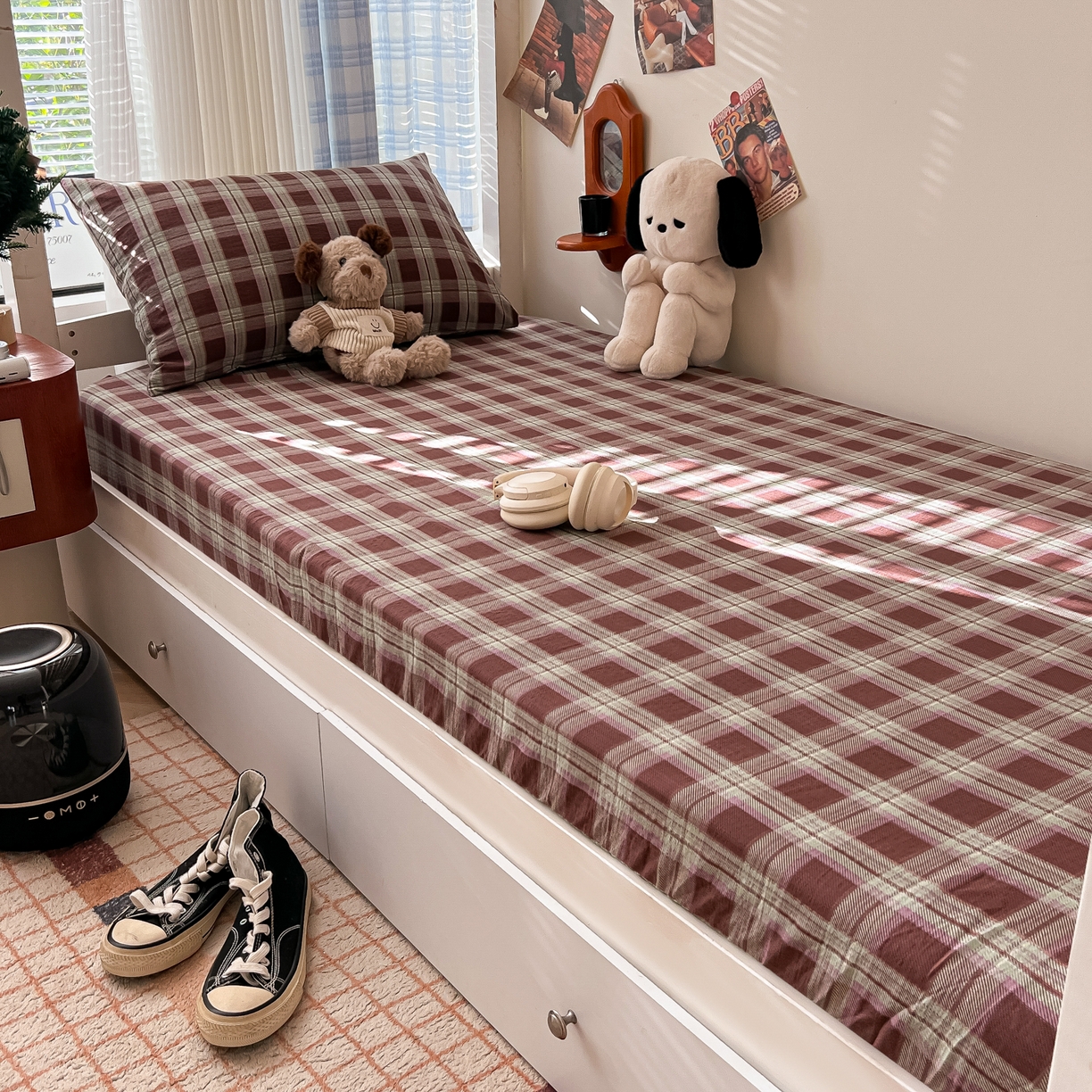 91家纺网 家纺一手货源 找家纺 （总）韩巢家纺 2025新款上下铺双层纱学生宿舍寝室格子复古风床笠单件高低床防滑床单床套