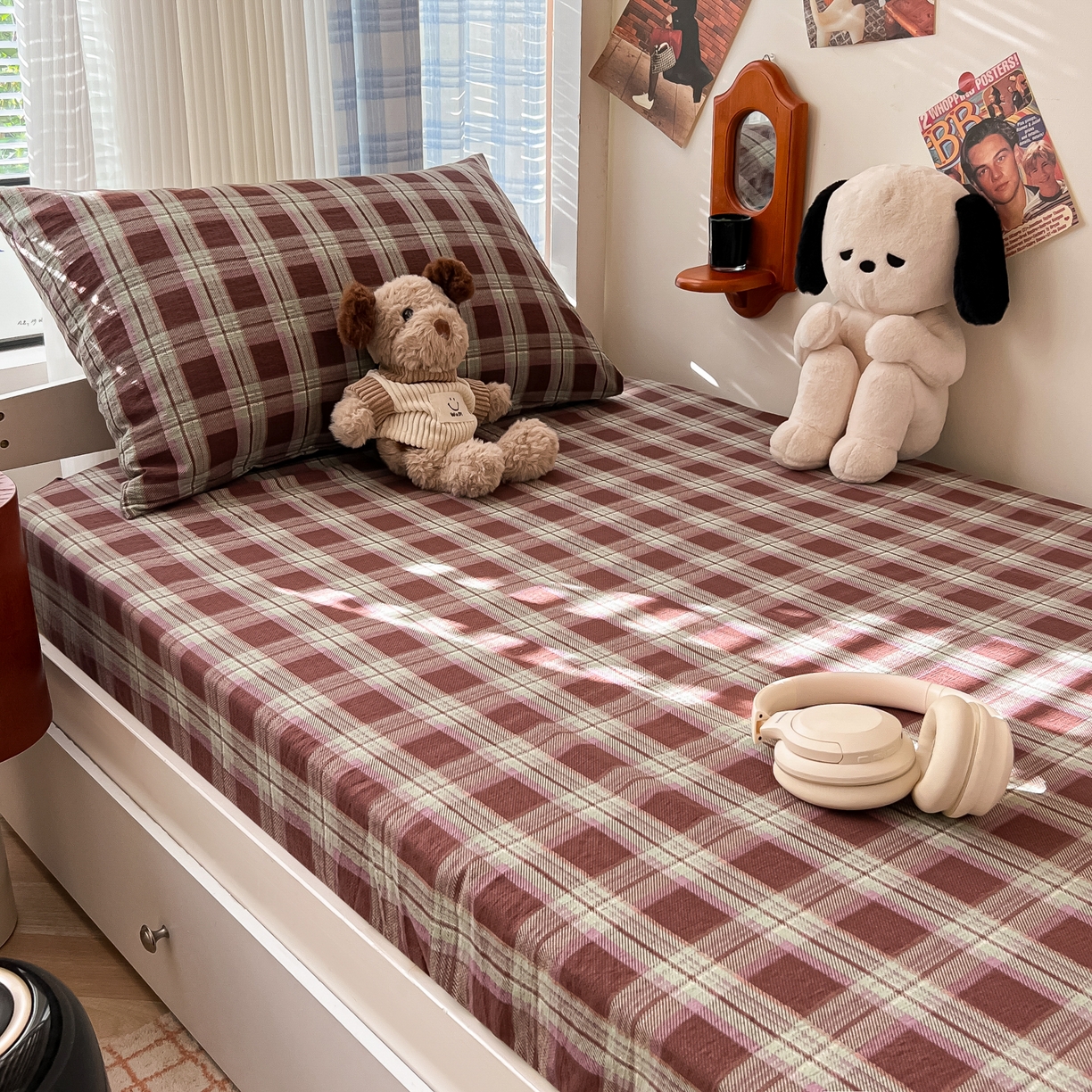 91家纺网 家纺一手货源 找家纺 （总）韩巢家纺 2025新款上下铺双层纱学生宿舍寝室格子复古风床笠单件高低床防滑床单床套