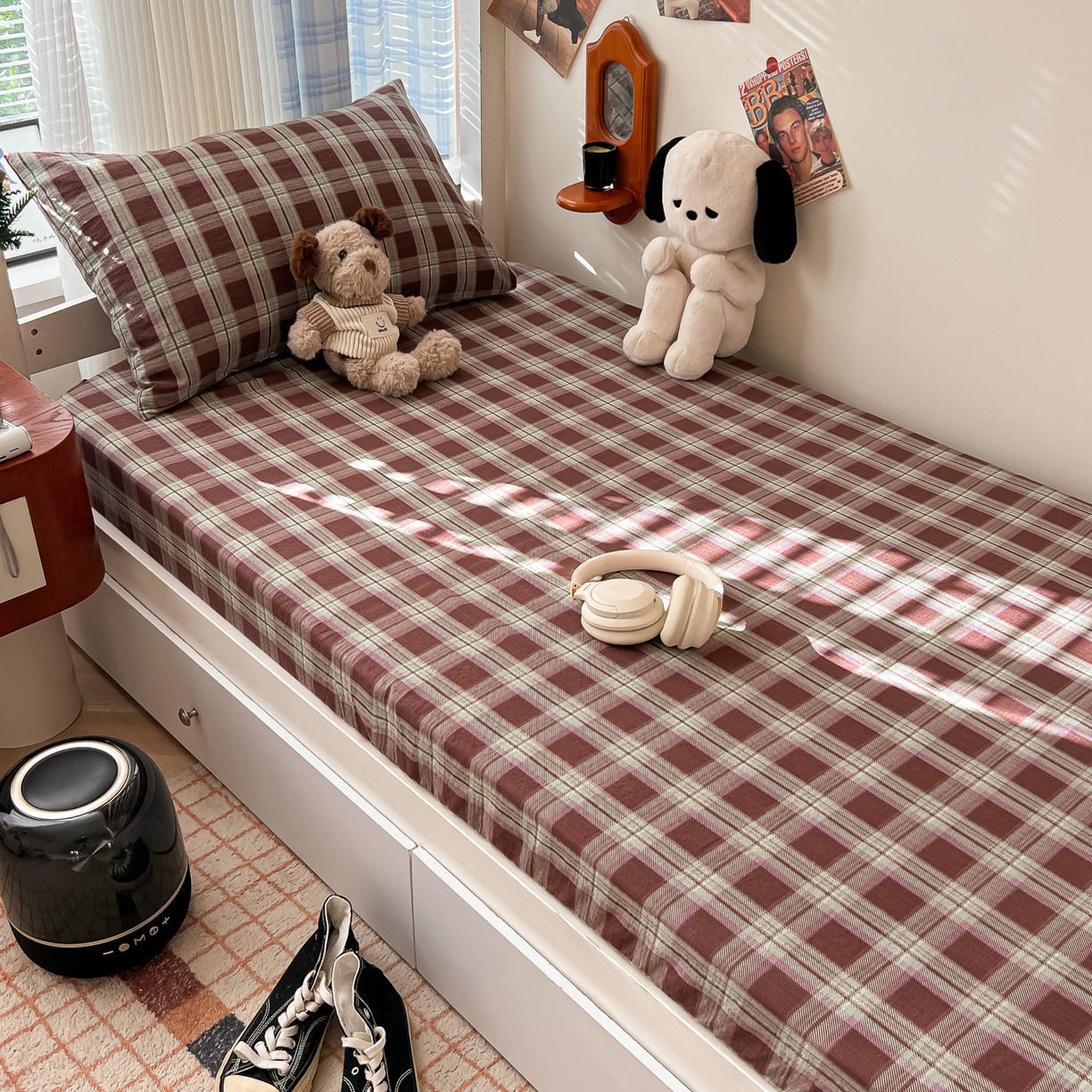 91家纺网 家纺一手货源 找家纺 （总）韩巢家纺 2025新款上下铺双层纱学生宿舍寝室格子复古风床笠单件高低床防滑床单床套