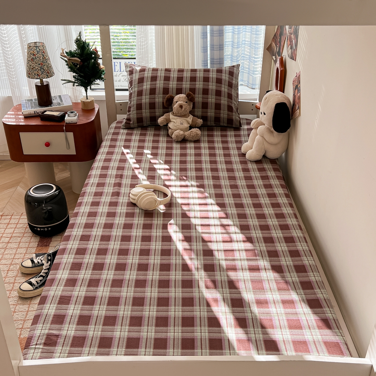 91家纺网 家纺一手货源 找家纺 （总）韩巢家纺 2025新款上下铺双层纱学生宿舍寝室格子复古风床笠单件高低床防滑床单床套