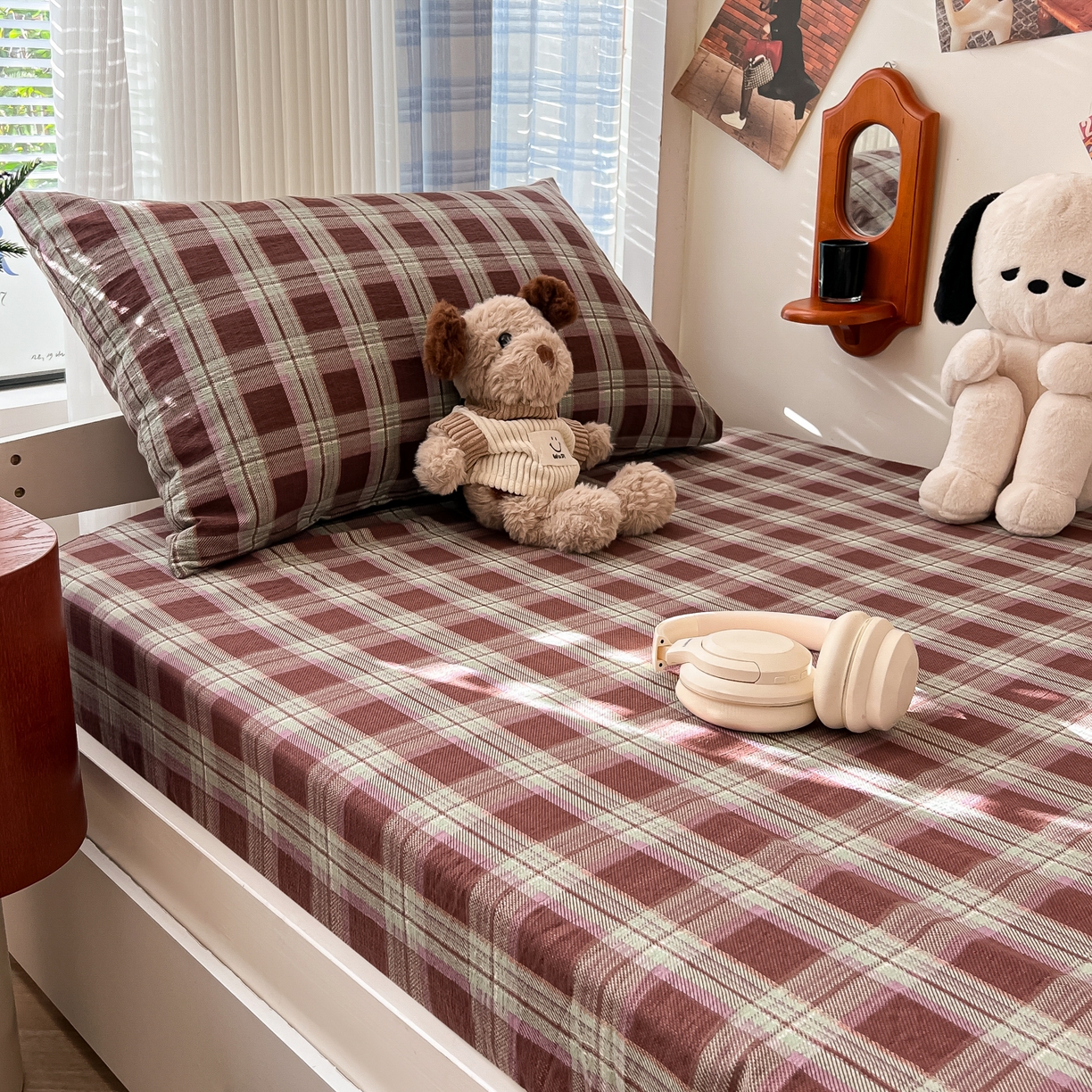 91家纺网 家纺一手货源 找家纺 （总）韩巢家纺 2025新款上下铺双层纱学生宿舍寝室格子复古风床笠单件高低床防滑床单床套