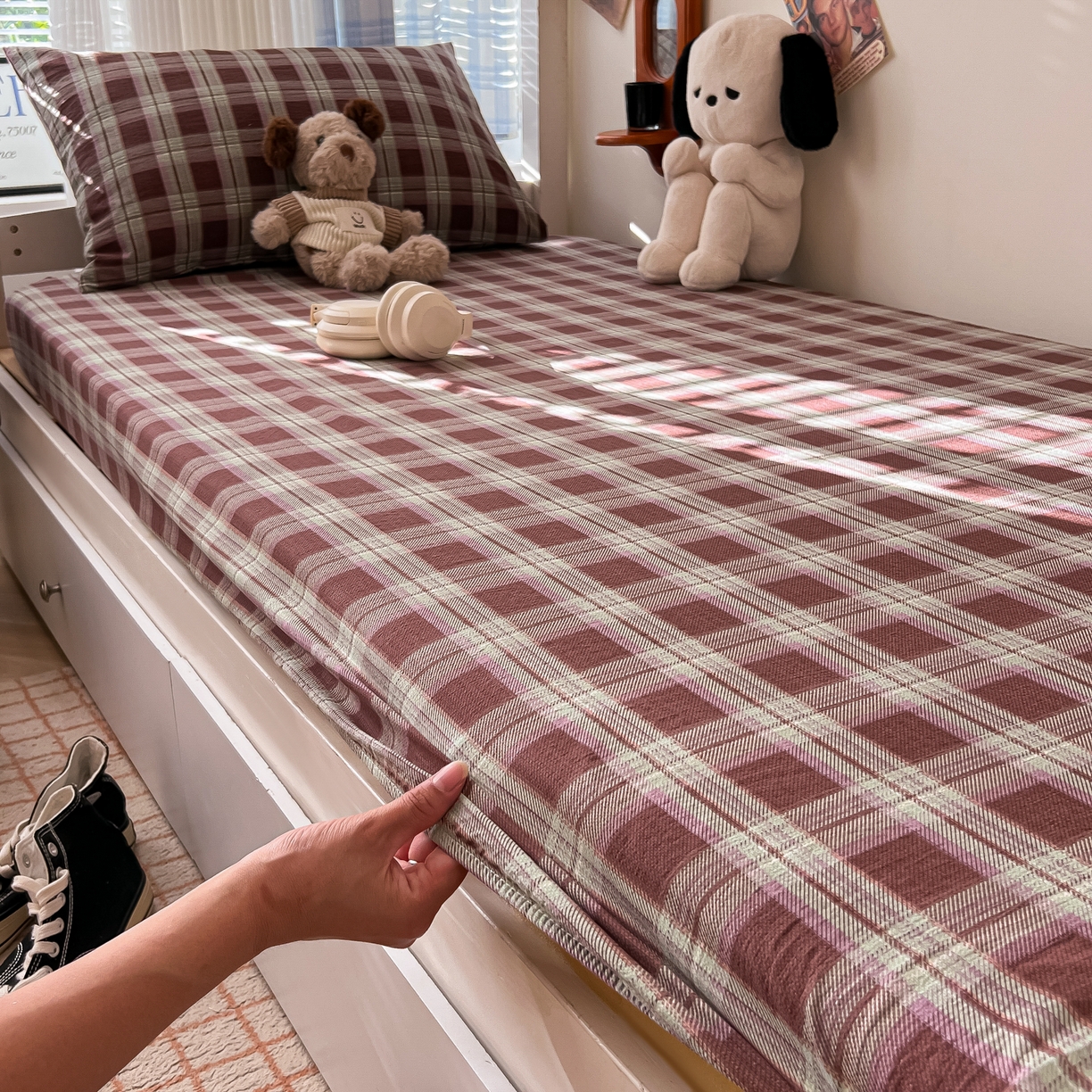 91家纺网 家纺一手货源 找家纺 （总）韩巢家纺 2025新款上下铺双层纱学生宿舍寝室格子复古风床笠单件高低床防滑床单床套