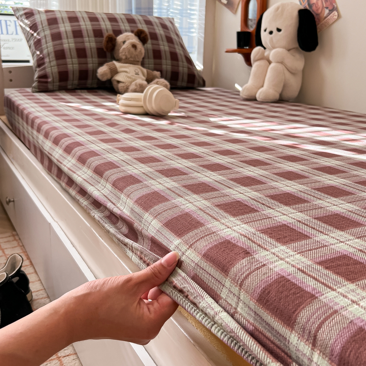 91家纺网 家纺一手货源 找家纺 （总）韩巢家纺 2025新款上下铺双层纱学生宿舍寝室格子复古风床笠单件高低床防滑床单床套