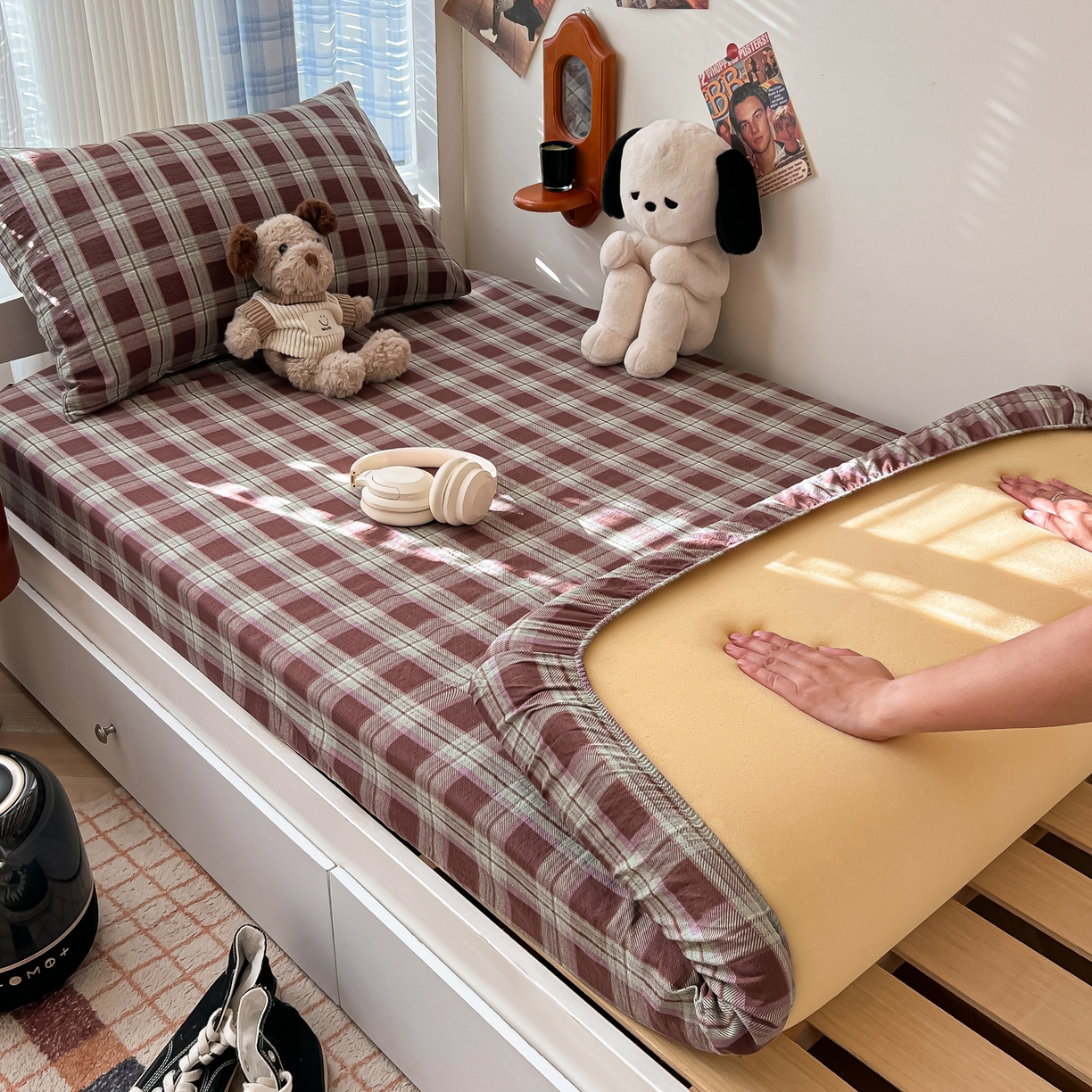 91家纺网 家纺一手货源 找家纺 （总）韩巢家纺 2025新款上下铺双层纱学生宿舍寝室格子复古风床笠单件高低床防滑床单床套