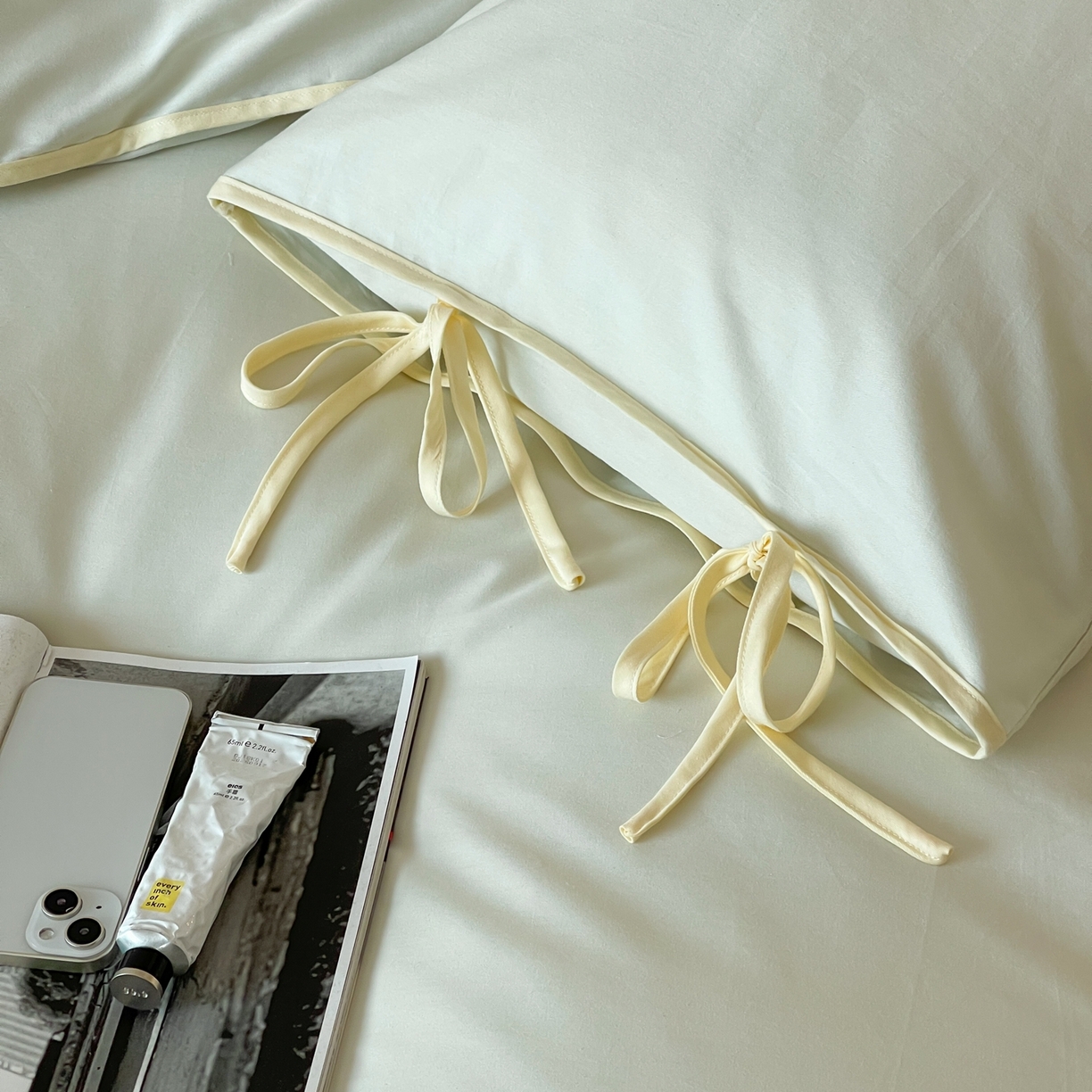 91家纺网 家纺一手货源 找家纺 尺素 2025新款纯色纯棉简约韩式ins风四件套民宿风全棉被套棉床单双人被套加大床单1.8纯色床笠 薄荷-浅蓝