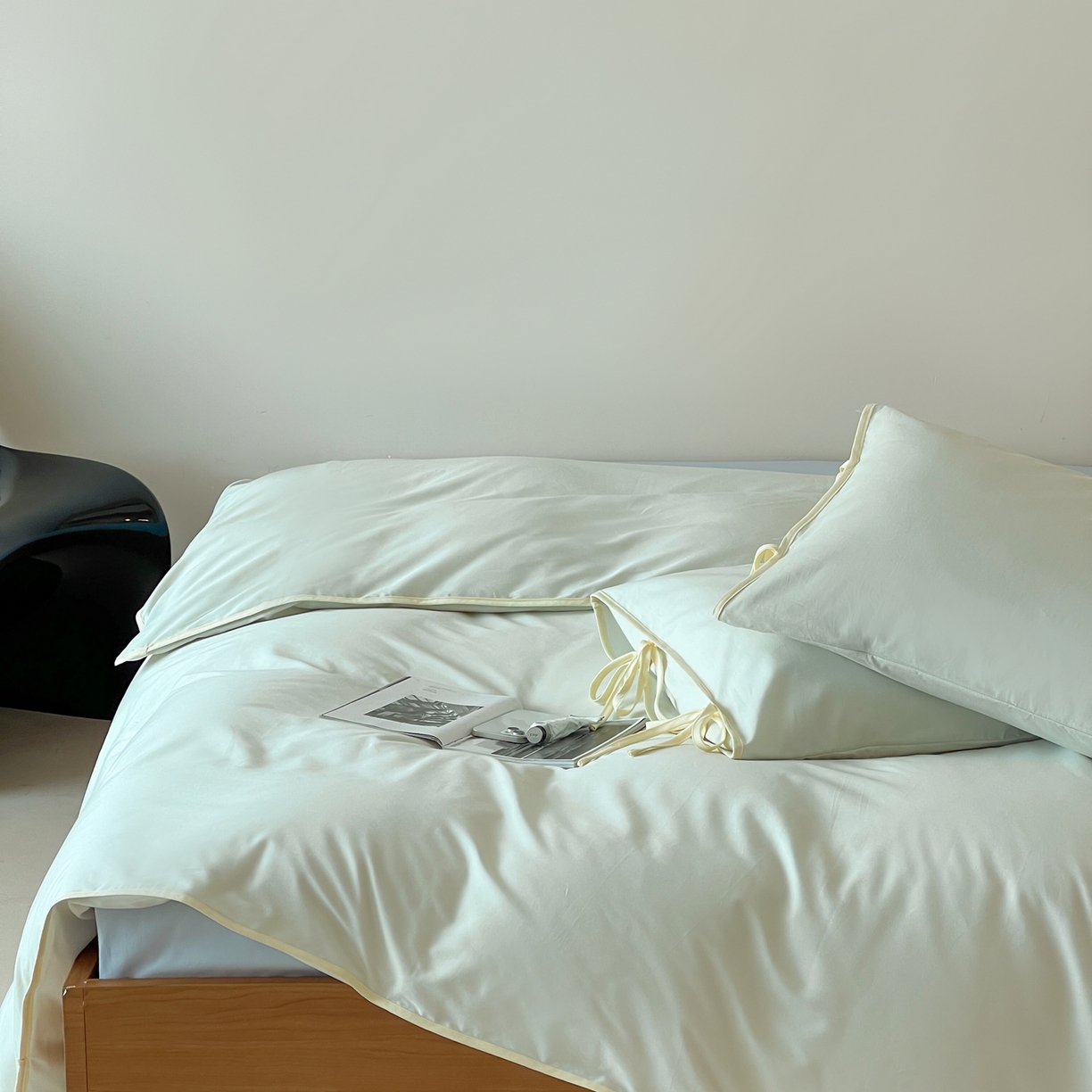 91家纺网 家纺一手货源 找家纺 尺素 2025新款纯色纯棉简约韩式ins风四件套民宿风全棉被套棉床单双人被套加大床单1.8纯色床笠 薄荷-浅蓝