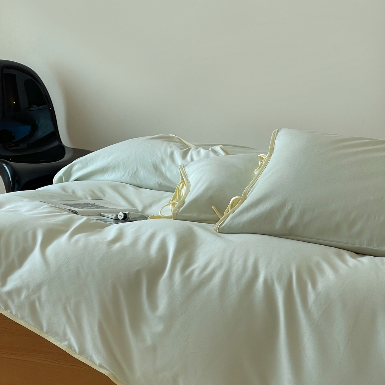 91家纺网 家纺一手货源 找家纺 尺素 2025新款纯色纯棉简约韩式ins风四件套民宿风全棉被套棉床单双人被套加大床单1.8纯色床笠 薄荷-浅蓝