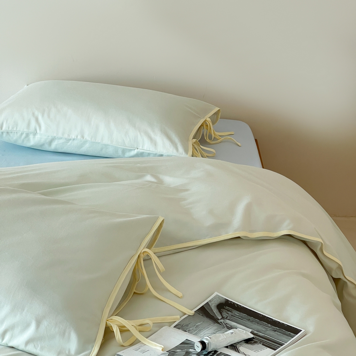 91家纺网 家纺一手货源 找家纺 尺素 2025新款纯色纯棉简约韩式ins风四件套民宿风全棉被套棉床单双人被套加大床单1.8纯色床笠 薄荷-浅蓝