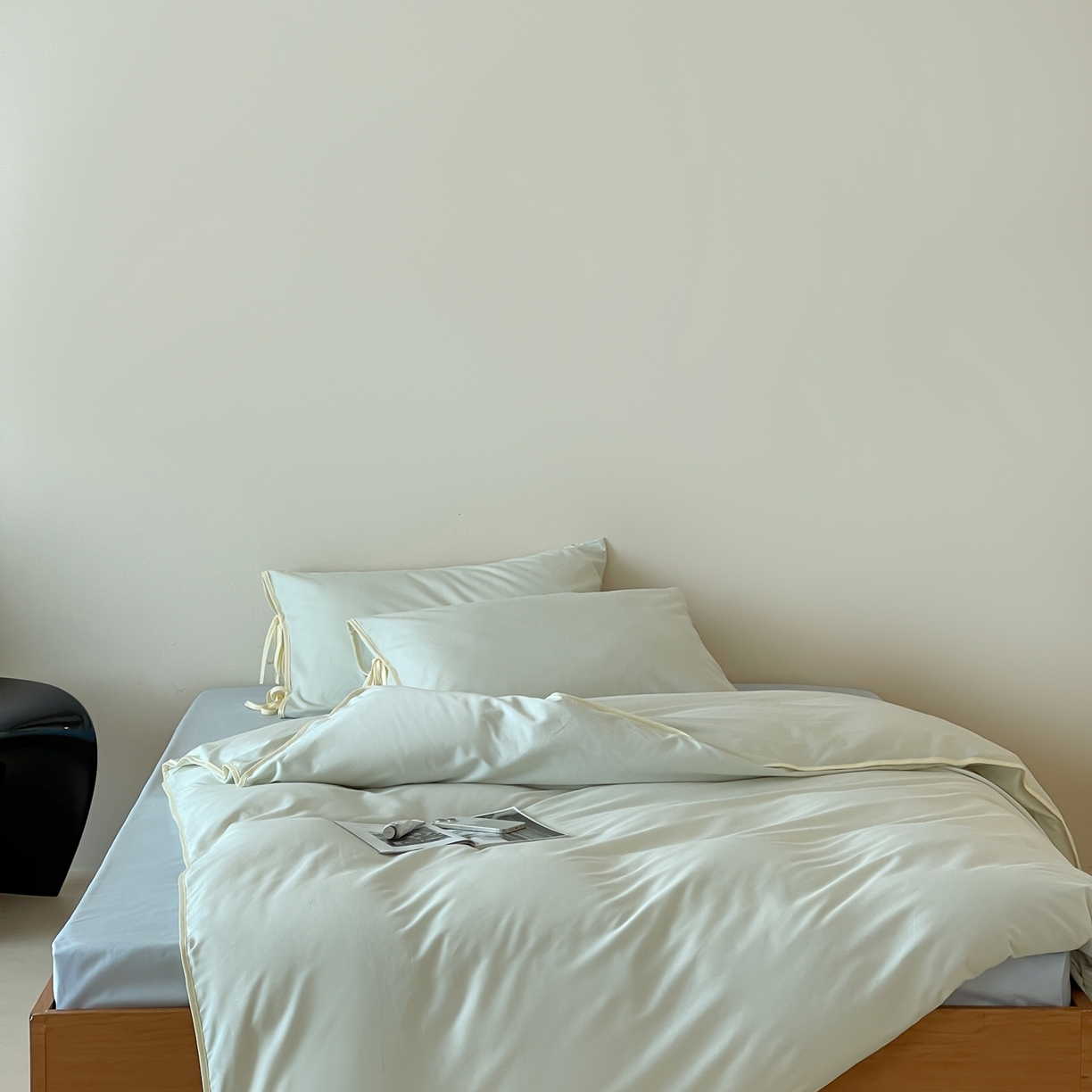 91家纺网 家纺一手货源 找家纺 尺素 2025新款纯色纯棉简约韩式ins风四件套民宿风全棉被套棉床单双人被套加大床单1.8纯色床笠 薄荷-浅蓝