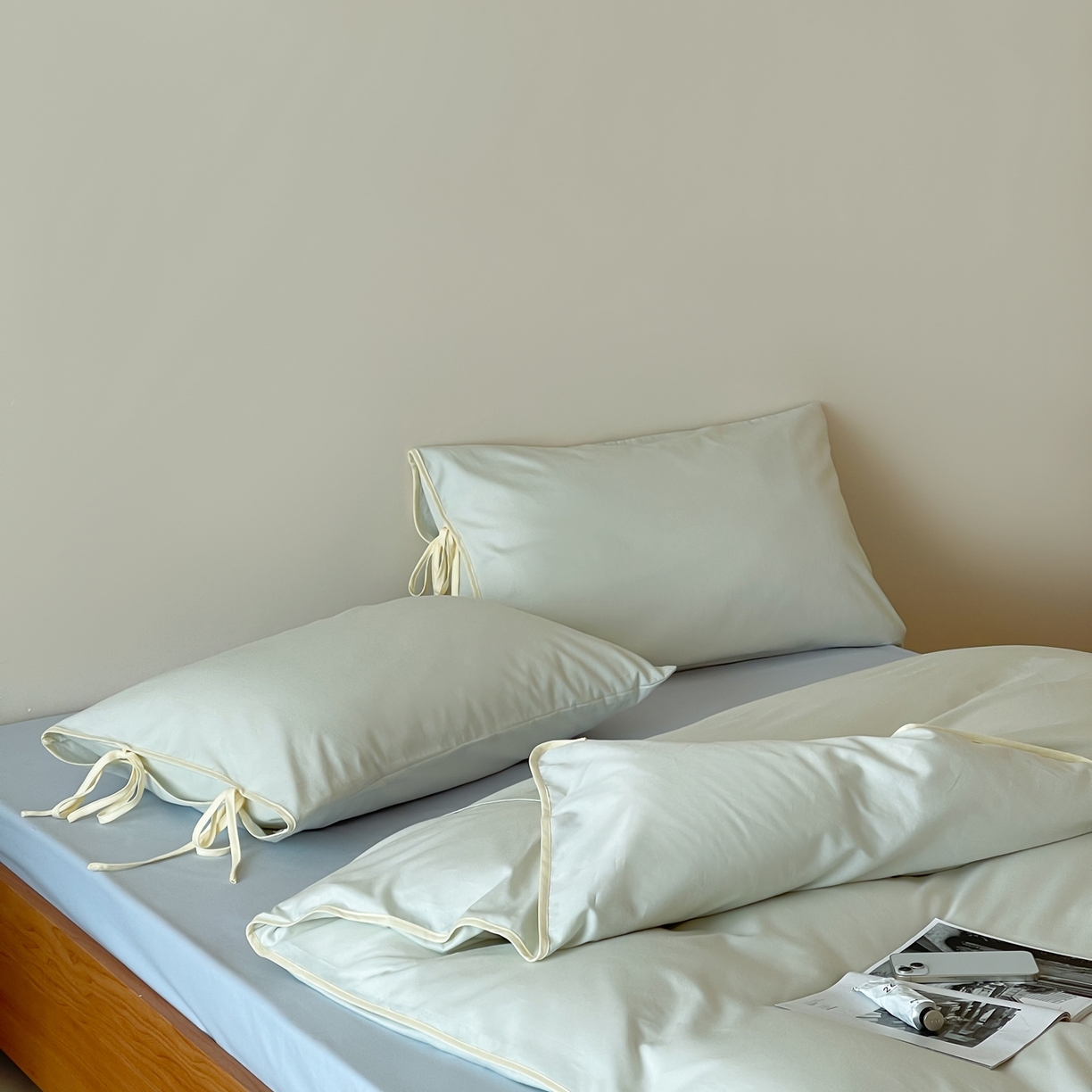 91家纺网 家纺一手货源 找家纺 尺素 2025新款纯色纯棉简约韩式ins风四件套民宿风全棉被套棉床单双人被套加大床单1.8纯色床笠 薄荷-浅蓝