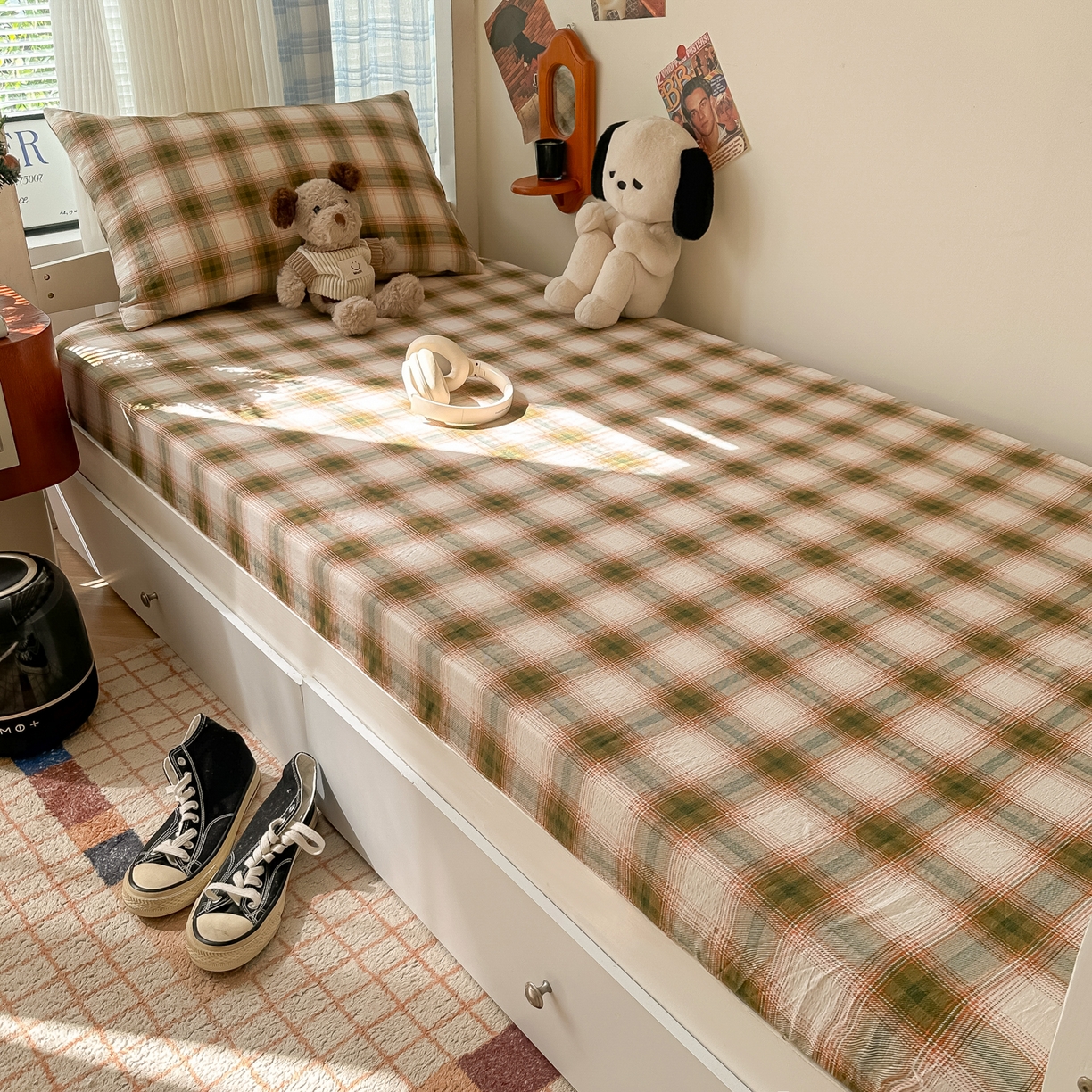 91家纺网 家纺一手货源 找家纺 韩巢家纺 2025新款上下铺双层纱学生宿舍寝室格子复古风床笠单件高低床防滑床单床套 葵野