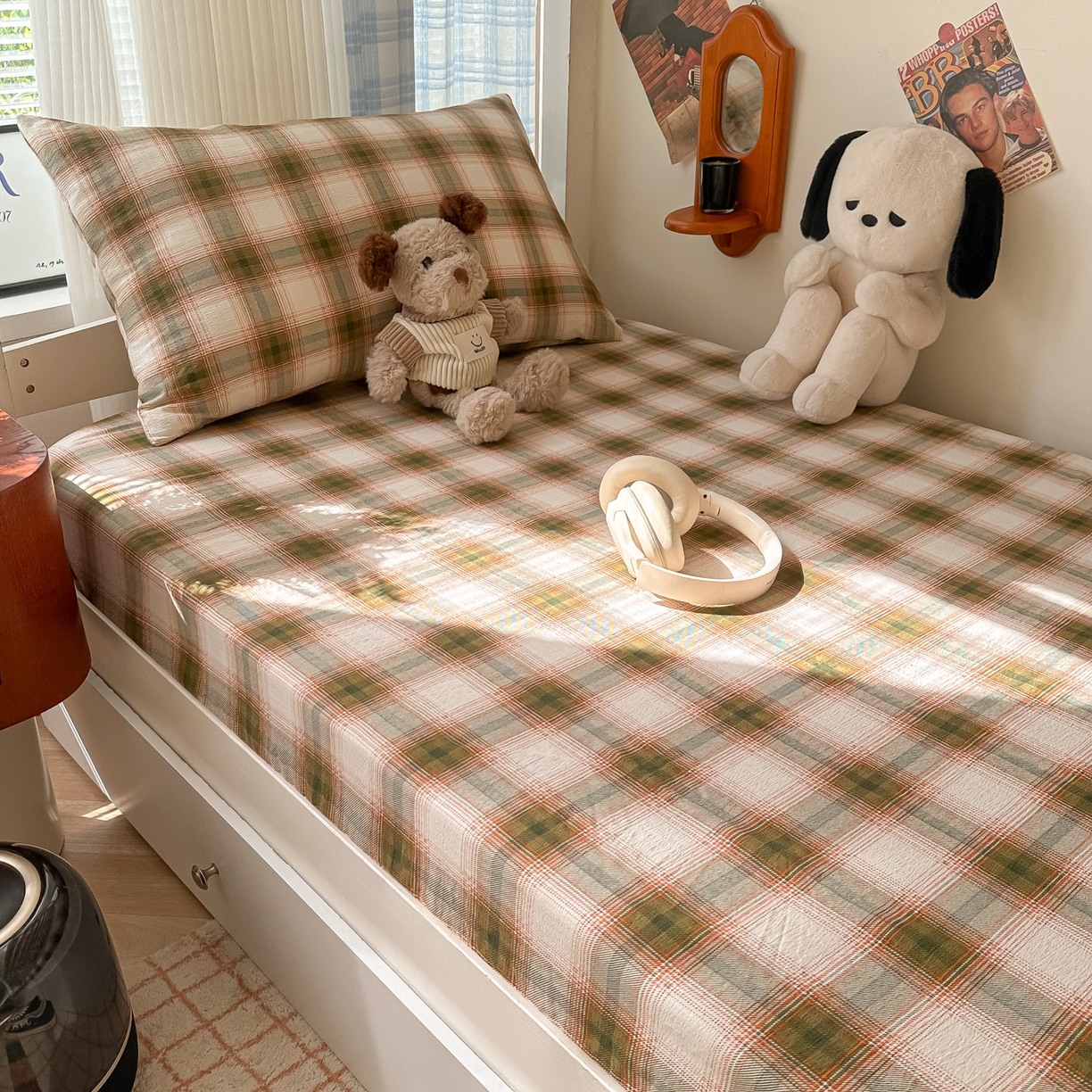 91家纺网 家纺一手货源 找家纺 韩巢家纺 2025新款上下铺双层纱学生宿舍寝室格子复古风床笠单件高低床防滑床单床套 葵野