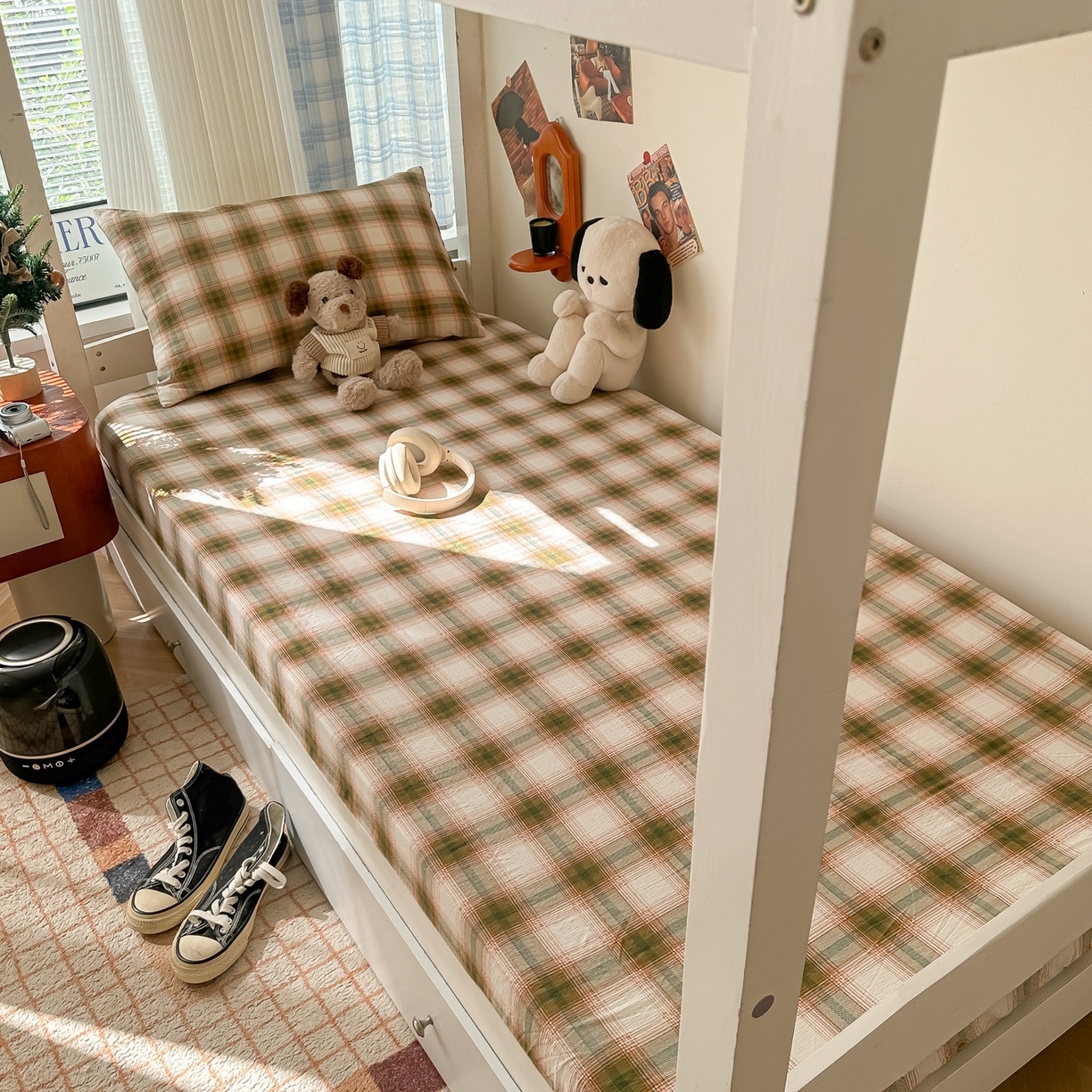 91家纺网 家纺一手货源 找家纺 韩巢家纺 2025新款上下铺双层纱学生宿舍寝室格子复古风床笠单件高低床防滑床单床套 葵野