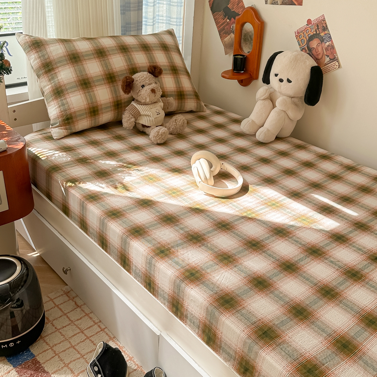 91家纺网 家纺一手货源 找家纺 韩巢家纺 2025新款上下铺双层纱学生宿舍寝室格子复古风床笠单件高低床防滑床单床套 葵野